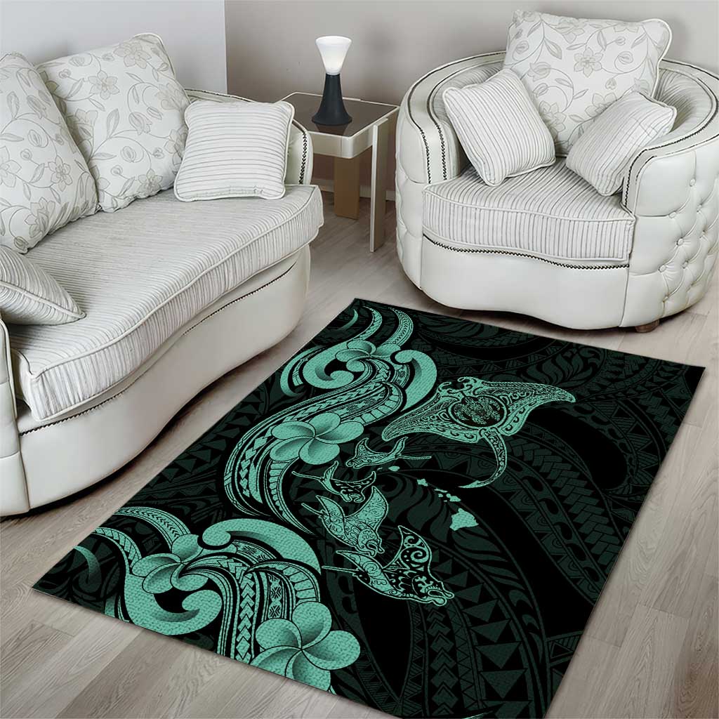 Hawaiian Manta Rays Area Rug Tribal Hibiscus Polynesian Tattoos Turquoise Color - Polynesian Pride