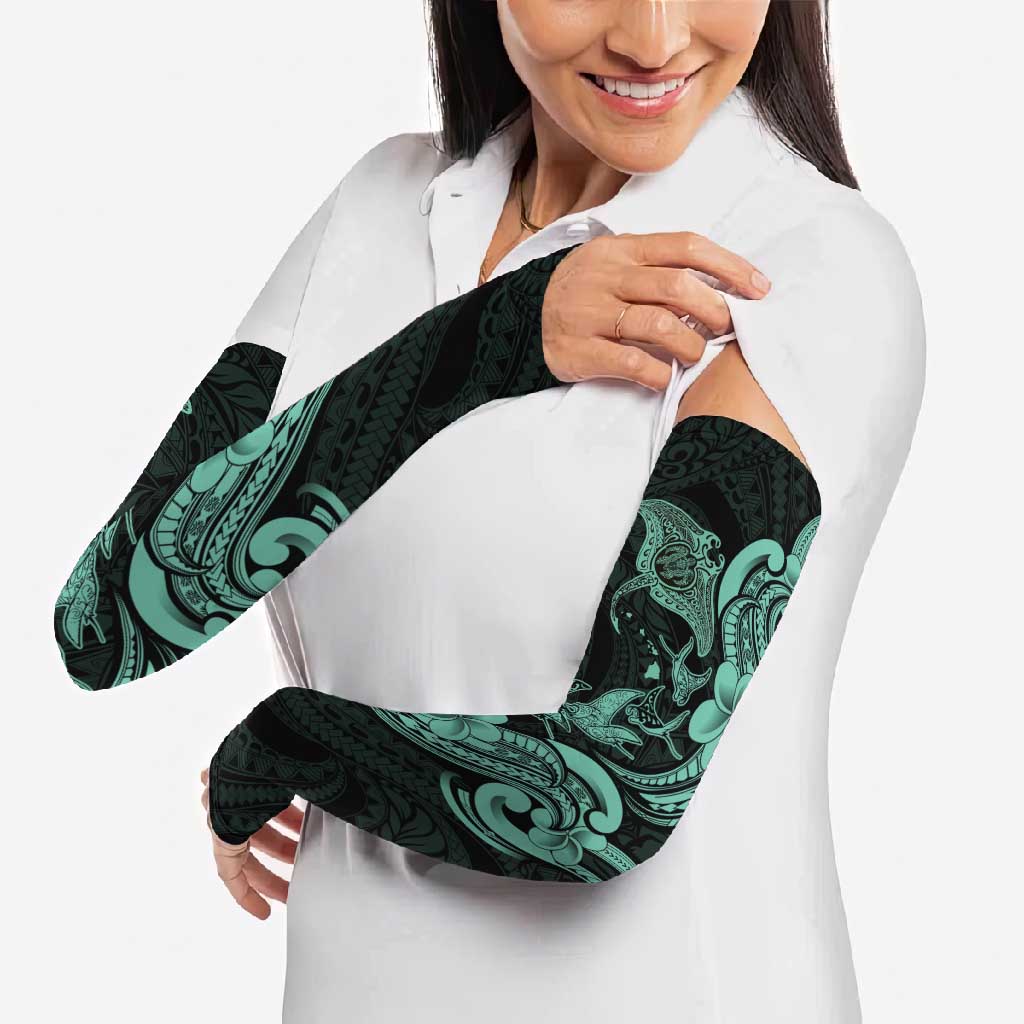 Hawaiian Manta Rays Arm Sleeves Tribal Hibiscus Polynesian Tattoos Turquoise Color - Polynesian Pride