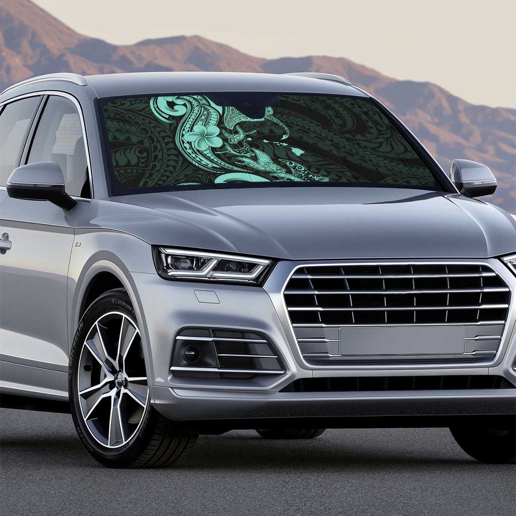 Hawaiian Manta Rays Auto Sun Shade Tribal Hibiscus Polynesian Tattoos Turquoise Color - Polynesian Pride