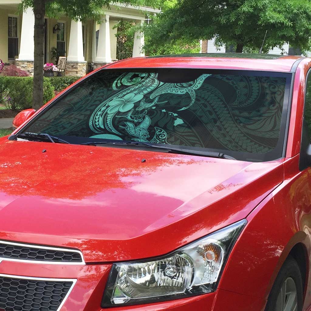 Hawaiian Manta Rays Auto Sun Shade Tribal Hibiscus Polynesian Tattoos Turquoise Color - Polynesian Pride