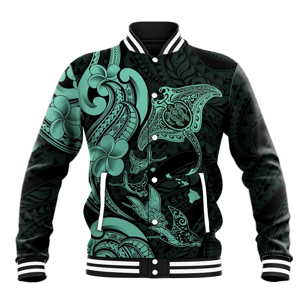 Hawaiian Manta Rays Baseball Jacket Tribal Hibiscus Polynesian Tattoos Turquoise Color - Polynesian Pride