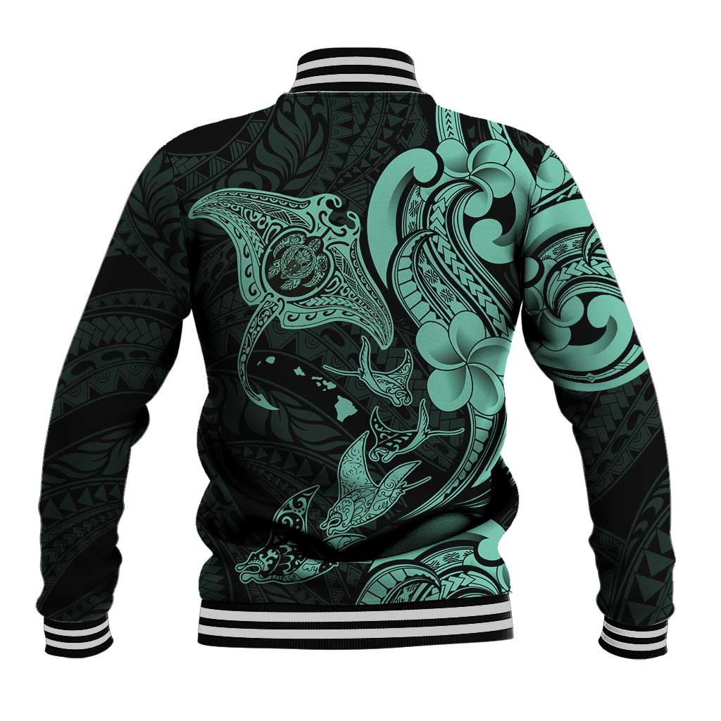 Hawaiian Manta Rays Baseball Jacket Tribal Hibiscus Polynesian Tattoos Turquoise Color - Polynesian Pride