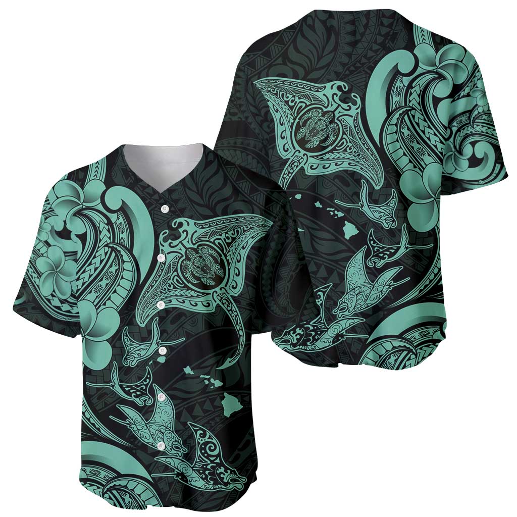 Hawaiian Manta Rays Baseball Jersey Tribal Hibiscus Polynesian Tattoos Turquoise Color - Polynesian Pride