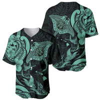 Hawaiian Manta Rays Baseball Jersey Tribal Hibiscus Polynesian Tattoos Turquoise Color - Polynesian Pride