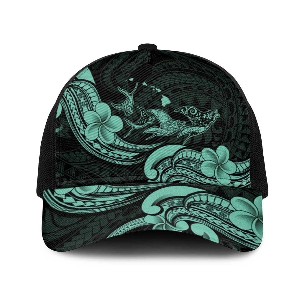 Hawaiian Manta Rays Baseball Net Cap Tribal Hibiscus Polynesian Tattoos Turquoise Color - Polynesian Pride