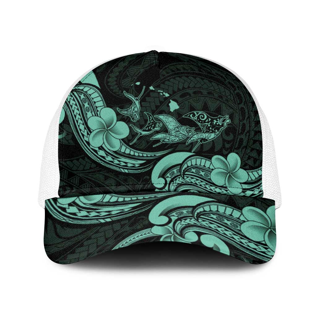 Hawaiian Manta Rays Baseball Net Cap Tribal Hibiscus Polynesian Tattoos Turquoise Color - Polynesian Pride