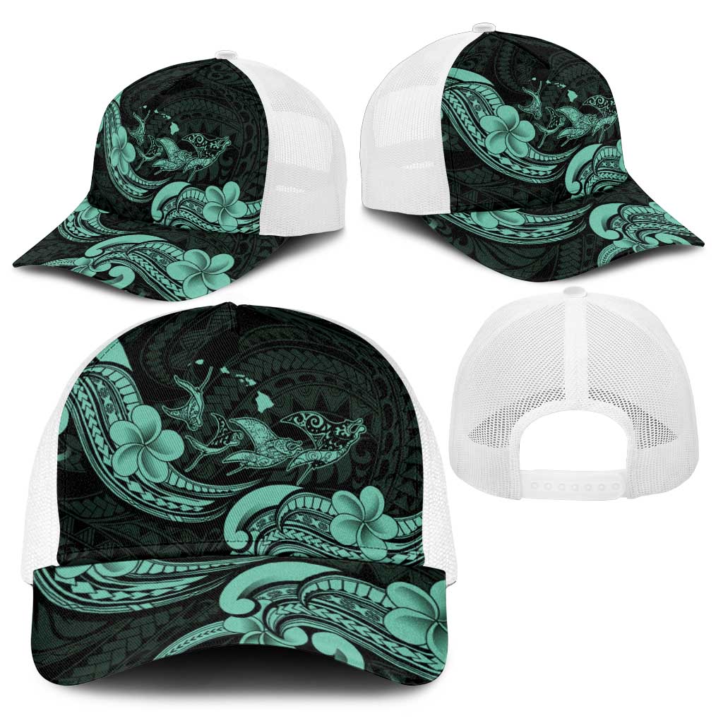 Hawaiian Manta Rays Baseball Net Cap Tribal Hibiscus Polynesian Tattoos Turquoise Color - Polynesian Pride