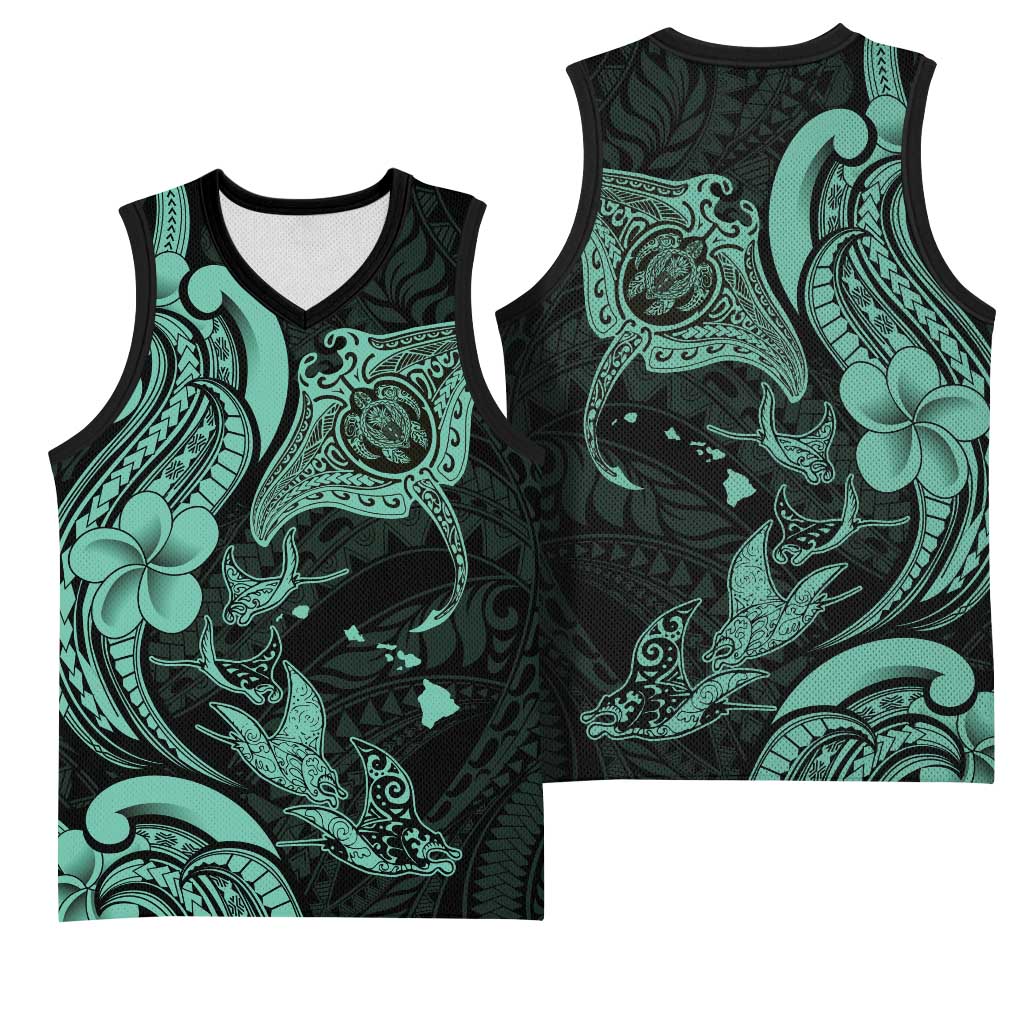 Hawaiian Manta Rays Basketball Jersey Tribal Hibiscus Polynesian Tattoos Turquoise Color - Polynesian Pride