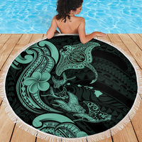 Hawaiian Manta Rays Beach Blanket Tribal Hibiscus Polynesian Tattoos Turquoise Color - Polynesian Pride