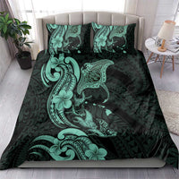 Hawaiian Manta Rays Bedding Set Tribal Hibiscus Polynesian Tattoos Turquoise Color - Polynesian Pride