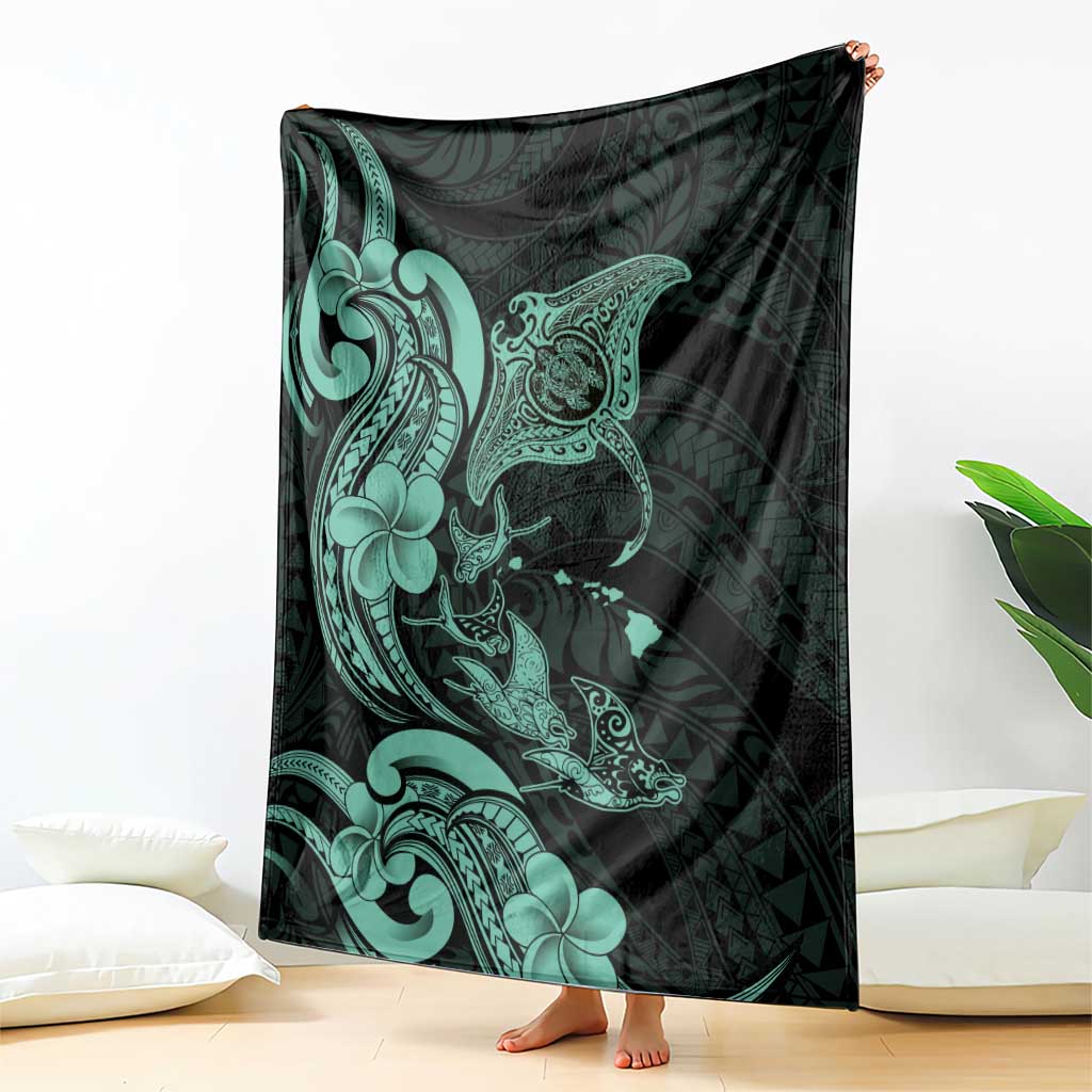 Hawaiian Manta Rays Blanket Tribal Hibiscus Polynesian Tattoos Turquoise Color - Polynesian Pride