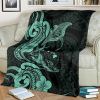 Hawaiian Manta Rays Blanket Tribal Hibiscus Polynesian Tattoos Turquoise Color - Polynesian Pride