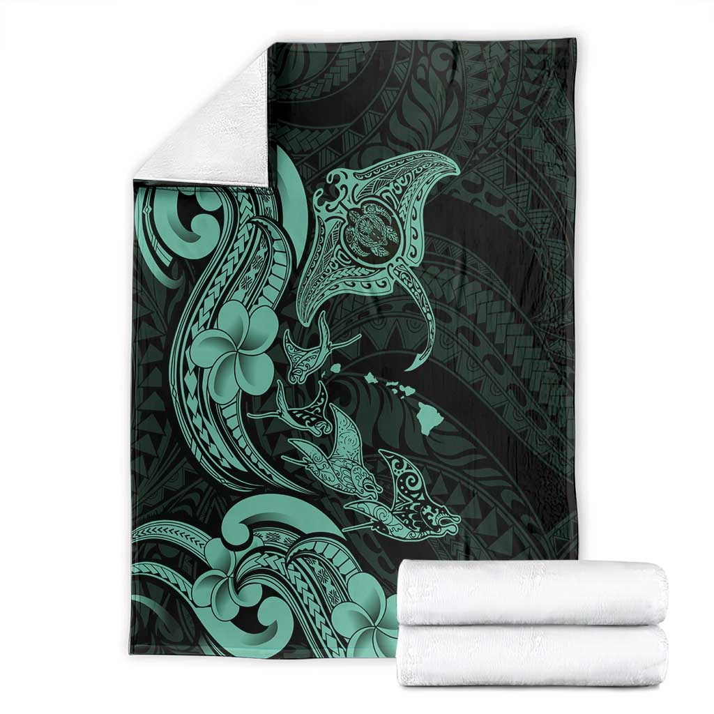 Hawaiian Manta Rays Blanket Tribal Hibiscus Polynesian Tattoos Turquoise Color - Polynesian Pride