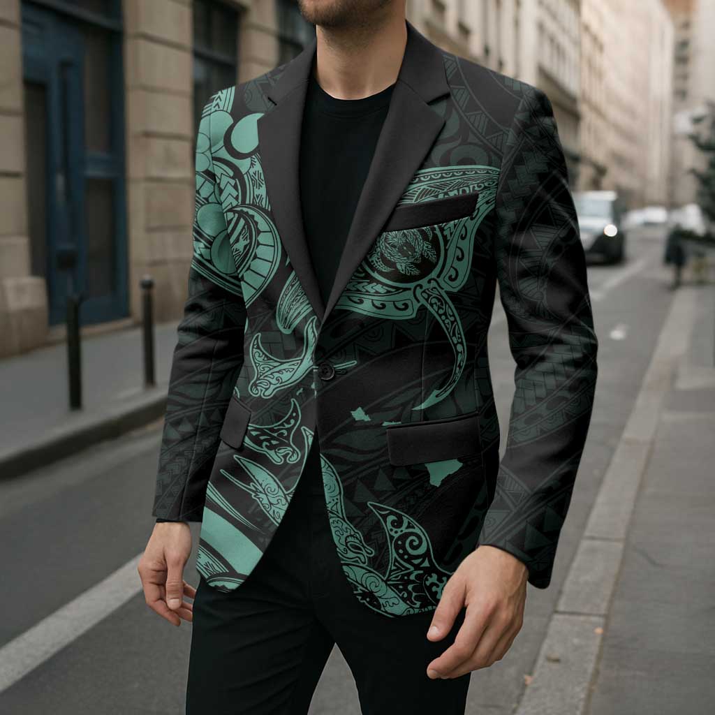 Hawaiian Manta Rays Blazer Tribal Hibiscus Polynesian Tattoos Turquoise Color - Polynesian Pride