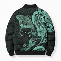 Hawaiian Manta Rays Bomber Puffer Jacket Tribal Hibiscus Polynesian Tattoos Turquoise Color LT03 - Polynesian Pride