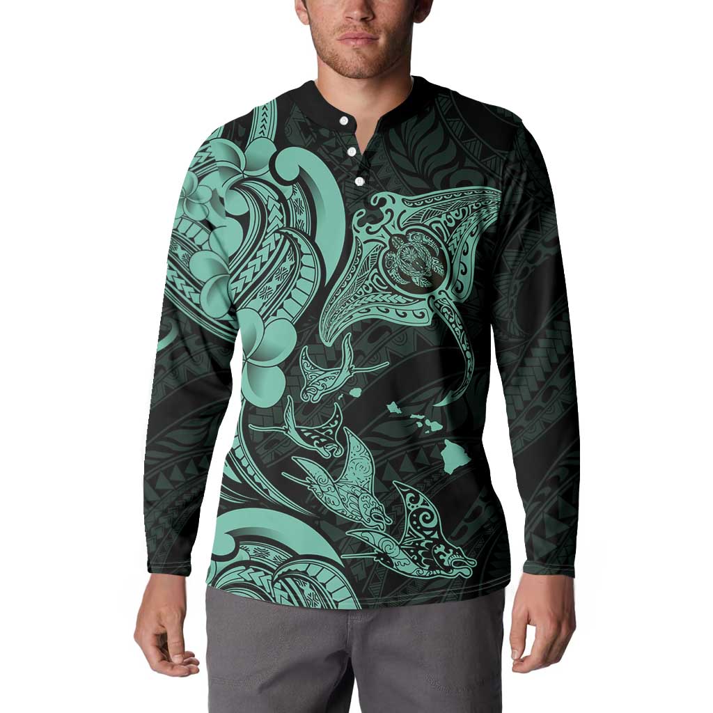 Hawaiian Manta Rays Button Sweatshirt Tribal Hibiscus Polynesian Tattoos Turquoise Color - Polynesian Pride
