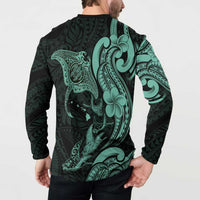 Hawaiian Manta Rays Button Sweatshirt Tribal Hibiscus Polynesian Tattoos Turquoise Color - Polynesian Pride