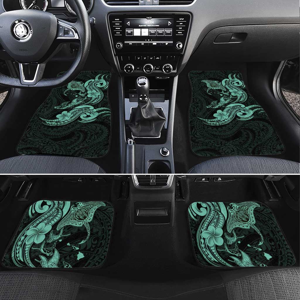 Hawaiian Manta Rays Car Mats Tribal Hibiscus Polynesian Tattoos Turquoise Color - Polynesian Pride