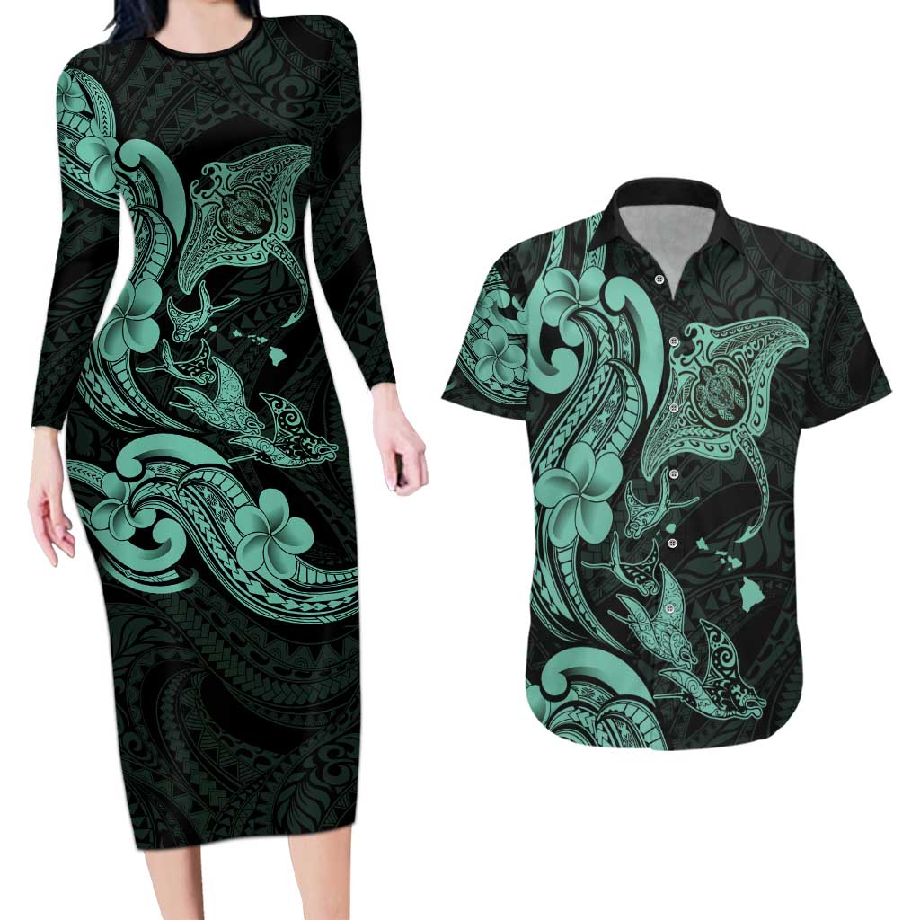 Hawaiian Manta Rays Couples Matching Long Sleeve Bodycon Dress and Hawaiian Shirt Tribal Hibiscus Polynesian Tattoos Turquoise Color - Polynesian Pride