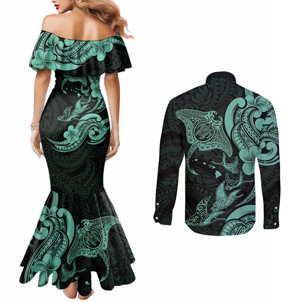 Hawaiian Manta Rays Couples Matching Mermaid Dress and Long Sleeve Button Shirt Tribal Hibiscus Polynesian Tattoos Turquoise Color - Polynesian Pride