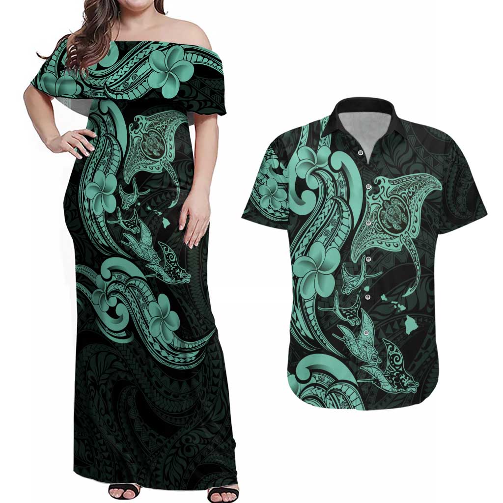 Hawaiian Manta Rays Couples Matching Off Shoulder Maxi Dress and Hawaiian Shirt Tribal Hibiscus Polynesian Tattoos Turquoise Color - Polynesian Pride