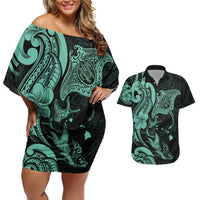 Hawaiian Manta Rays Couples Matching Off Shoulder Short Dress and Hawaiian Shirt Tribal Hibiscus Polynesian Tattoos Turquoise Color - Polynesian Pride