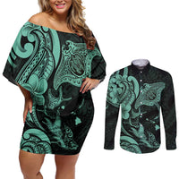 Hawaiian Manta Rays Couples Matching Off Shoulder Short Dress and Long Sleeve Button Shirt Tribal Hibiscus Polynesian Tattoos Turquoise Color - Polynesian Pride