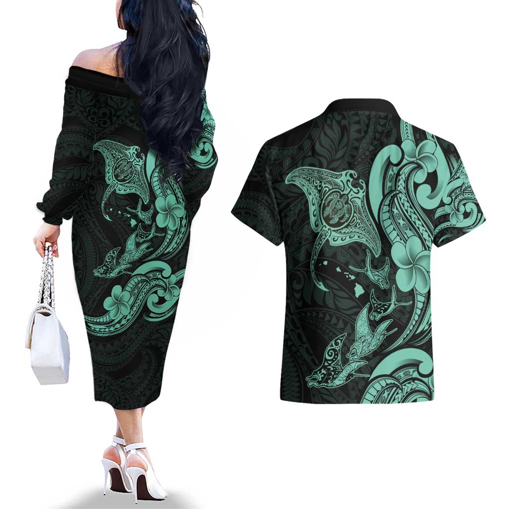 Hawaiian Manta Rays Couples Matching Off The Shoulder Long Sleeve Dress and Hawaiian Shirt Tribal Hibiscus Polynesian Tattoos Turquoise Color - Polynesian Pride