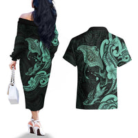 Hawaiian Manta Rays Couples Matching Off The Shoulder Long Sleeve Dress and Hawaiian Shirt Tribal Hibiscus Polynesian Tattoos Turquoise Color - Polynesian Pride