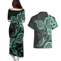 Hawaiian Manta Rays Couples Matching Puletasi and Hawaiian Shirt Tribal Hibiscus Polynesian Tattoos Turquoise Color LT03 - Polynesian Pride