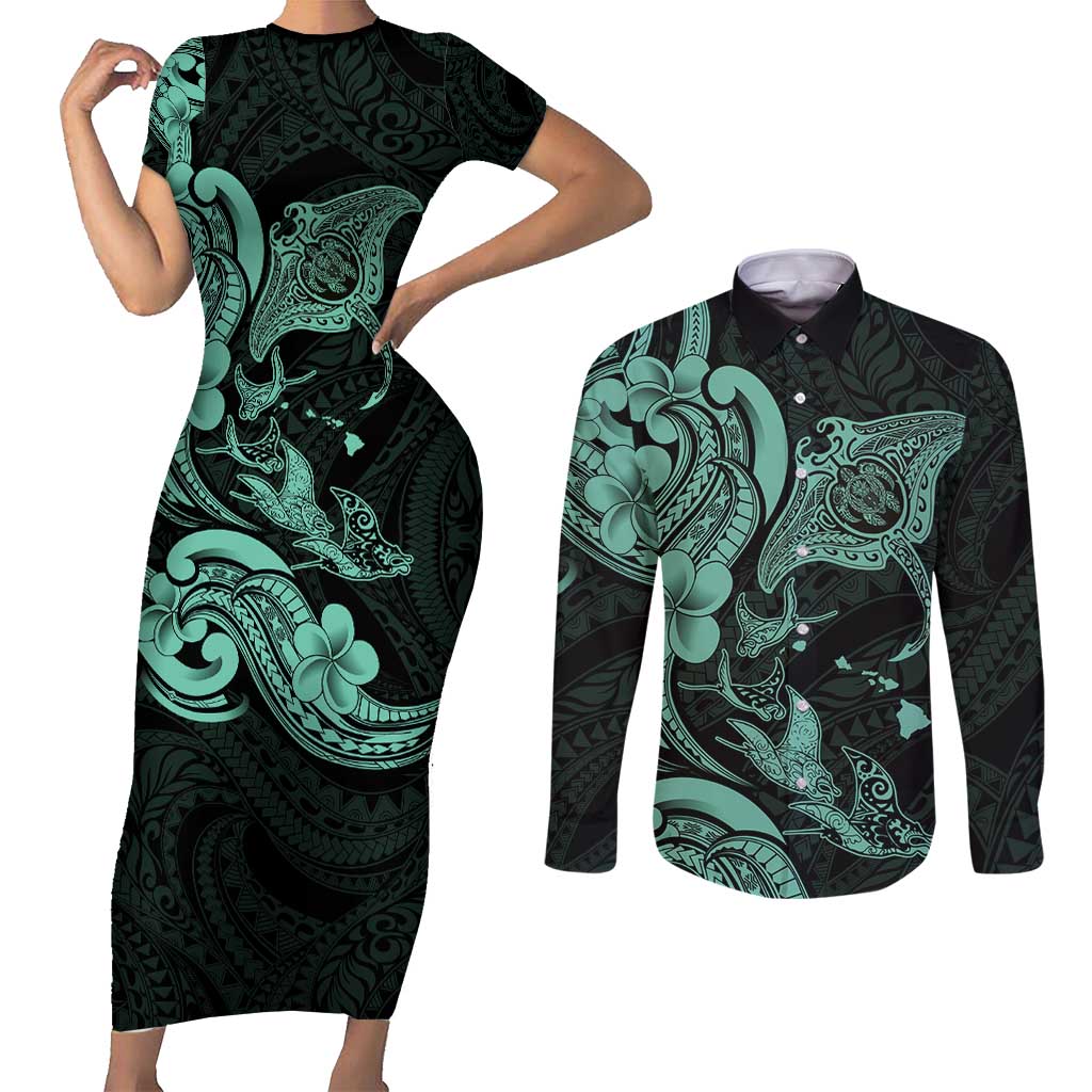 Hawaiian Manta Rays Couples Matching Short Sleeve Bodycon Dress and Long Sleeve Button Shirt Tribal Hibiscus Polynesian Tattoos Turquoise Color - Polynesian Pride