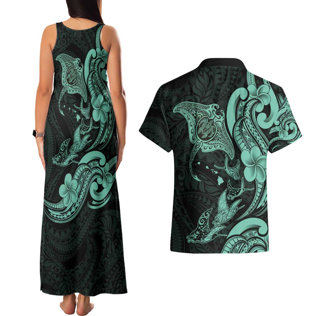 Hawaiian Manta Rays Couples Matching Tank Maxi Dress and Hawaiian Shirt Tribal Hibiscus Polynesian Tattoos Turquoise Color - Polynesian Pride