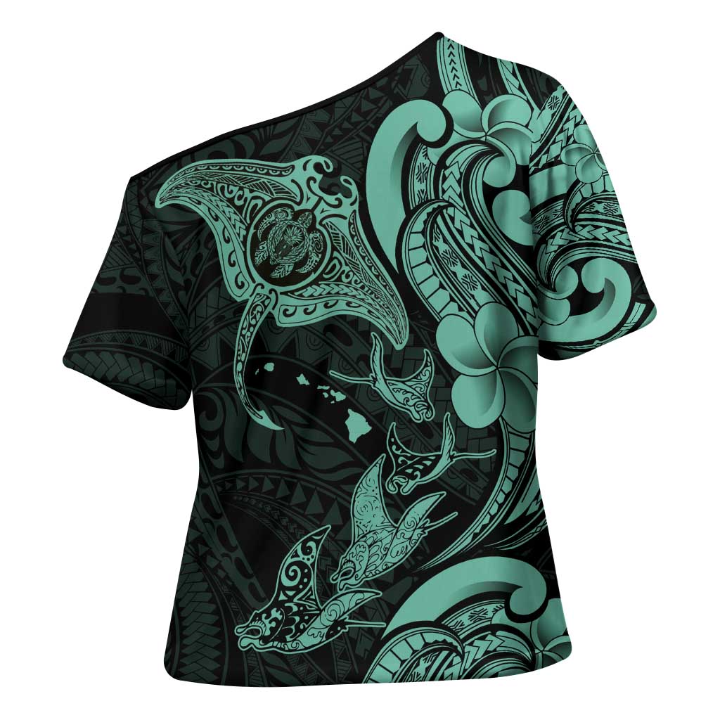 Hawaiian Manta Rays Cross Shoulder Shirt Tribal Hibiscus Polynesian Tattoos Turquoise Color - Polynesian Pride