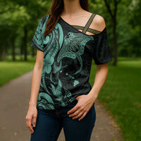 Hawaiian Manta Rays Cross Shoulder Shirt Tribal Hibiscus Polynesian Tattoos Turquoise Color - Polynesian Pride