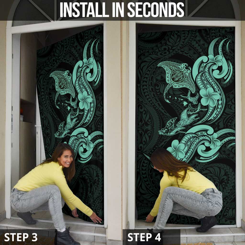 Hawaiian Manta Rays Door Cover Tribal Hibiscus Polynesian Tattoos Turquoise Color - Polynesian Pride