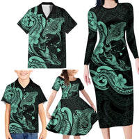 Hawaiian Manta Rays Family Matching Long Sleeve Bodycon Dress and Hawaiian Shirt Tribal Hibiscus Polynesian Tattoos Turquoise Color - Polynesian Pride