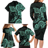 Hawaiian Manta Rays Family Matching Long Sleeve Bodycon Dress and Hawaiian Shirt Tribal Hibiscus Polynesian Tattoos Turquoise Color - Polynesian Pride