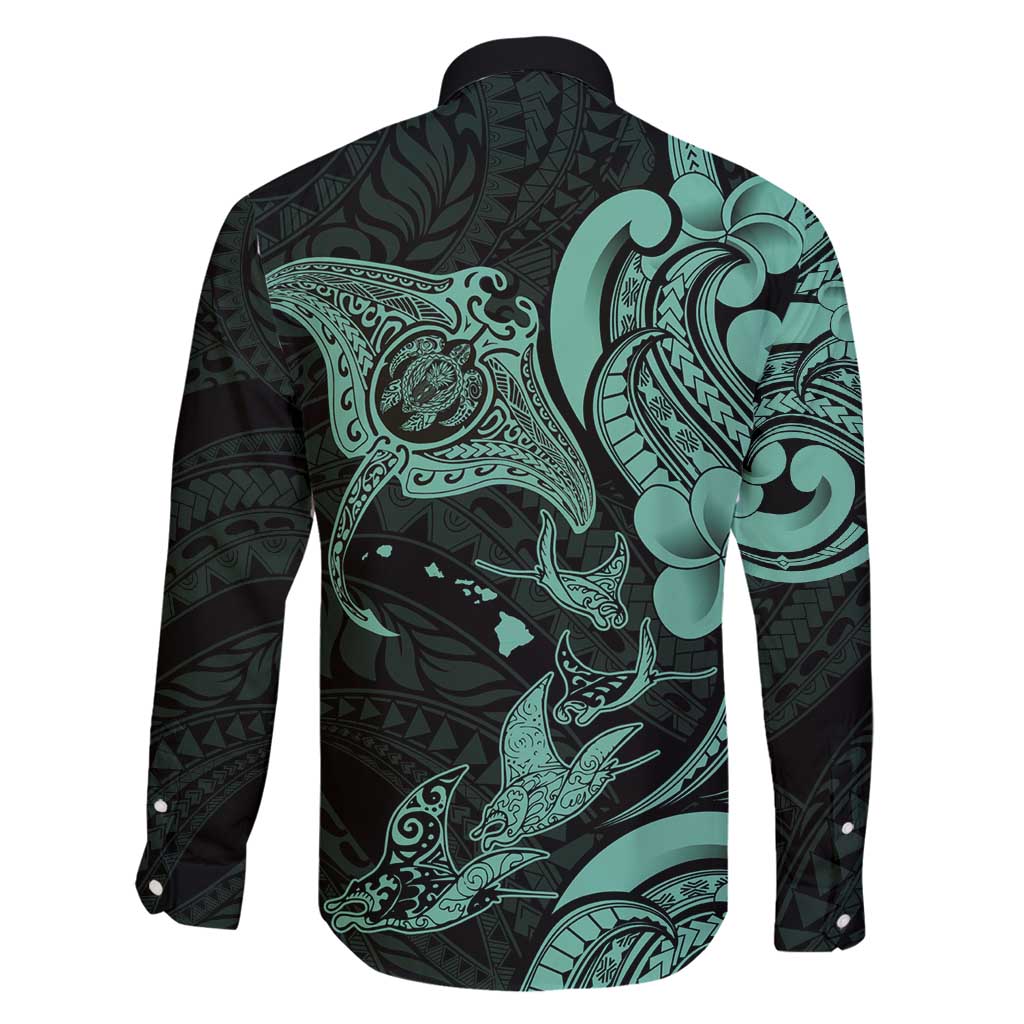 Hawaiian Manta Rays Family Matching Long Sleeve Bodycon Dress and Hawaiian Shirt Tribal Hibiscus Polynesian Tattoos Turquoise Color - Polynesian Pride