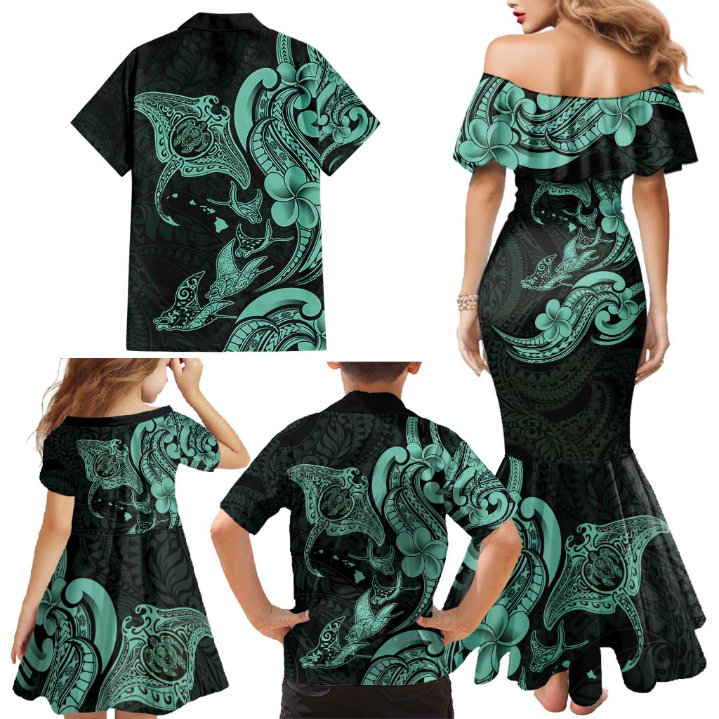 Hawaiian Manta Rays Family Matching Mermaid Dress and Hawaiian Shirt Tribal Hibiscus Polynesian Tattoos Turquoise Color - Polynesian Pride