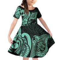 Hawaiian Manta Rays Family Matching Off Shoulder Short Dress and Hawaiian Shirt Tribal Hibiscus Polynesian Tattoos Turquoise Color - Polynesian Pride