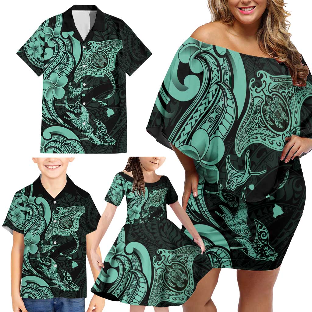 Hawaiian Manta Rays Family Matching Off Shoulder Short Dress and Hawaiian Shirt Tribal Hibiscus Polynesian Tattoos Turquoise Color - Polynesian Pride
