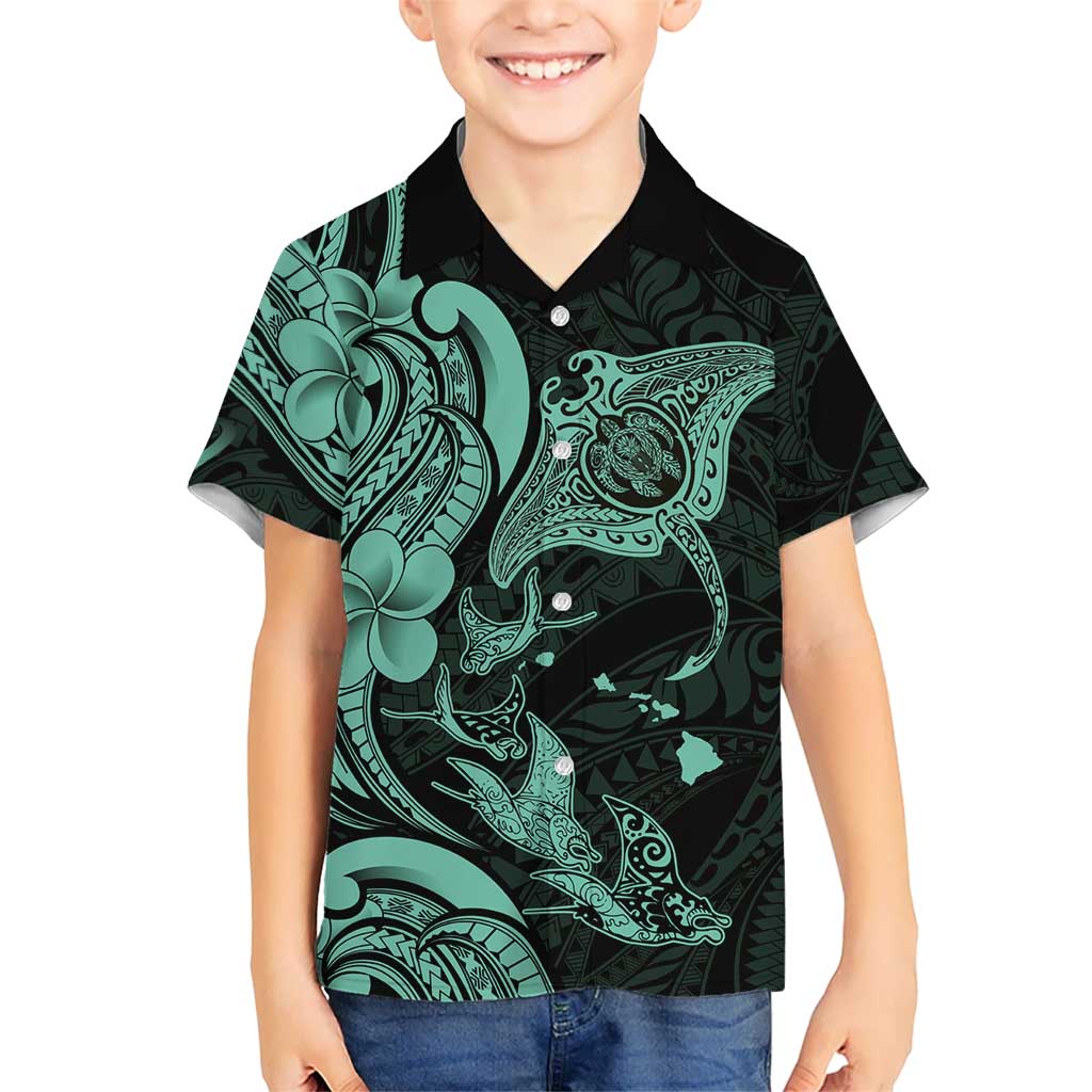Hawaiian Manta Rays Family Matching Puletasi and Hawaiian Shirt Tribal Hibiscus Polynesian Tattoos Turquoise Color LT03 Son's Shirt Turquoise - Polynesian Pride