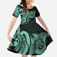 Hawaiian Manta Rays Family Matching Short Sleeve Bodycon Dress and Hawaiian Shirt Tribal Hibiscus Polynesian Tattoos Turquoise Color - Polynesian Pride