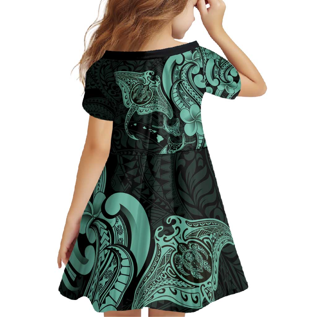 Hawaiian Manta Rays Family Matching Short Sleeve Bodycon Dress and Hawaiian Shirt Tribal Hibiscus Polynesian Tattoos Turquoise Color - Polynesian Pride