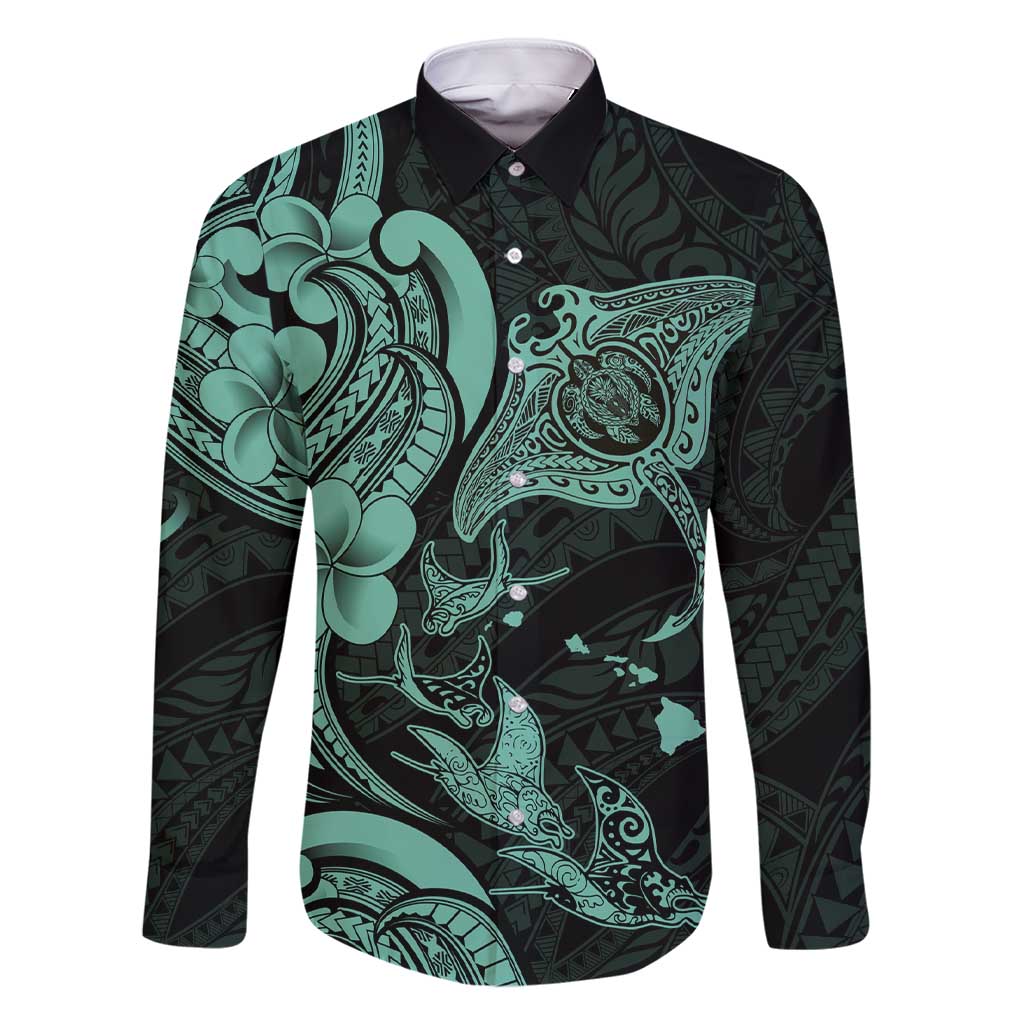 Hawaiian Manta Rays Family Matching Short Sleeve Bodycon Dress and Hawaiian Shirt Tribal Hibiscus Polynesian Tattoos Turquoise Color - Polynesian Pride