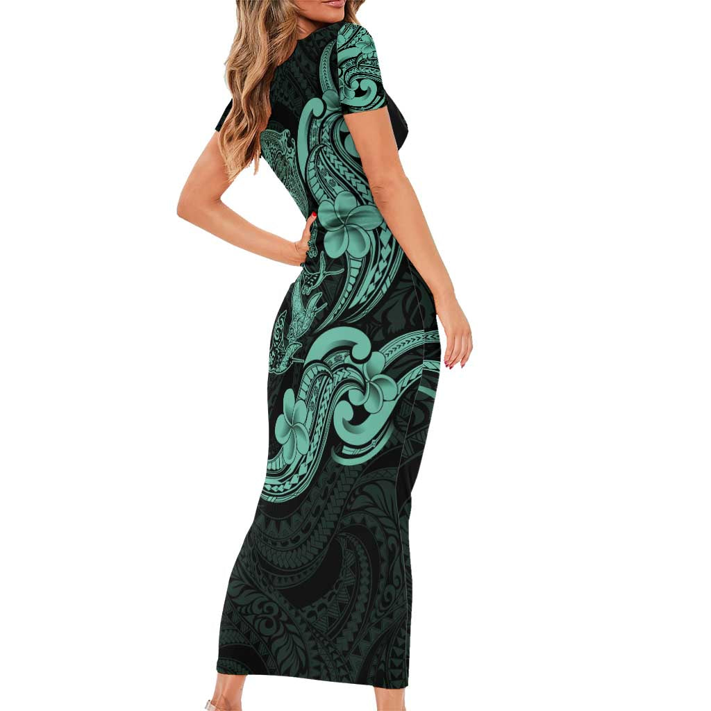 Hawaiian Manta Rays Family Matching Short Sleeve Bodycon Dress and Hawaiian Shirt Tribal Hibiscus Polynesian Tattoos Turquoise Color - Polynesian Pride