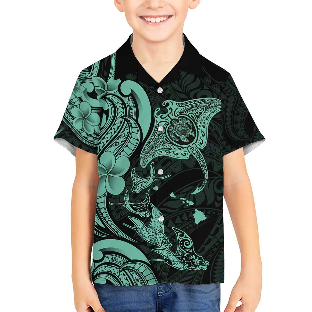 Hawaiian Manta Rays Family Matching Short Sleeve Bodycon Dress and Hawaiian Shirt Tribal Hibiscus Polynesian Tattoos Turquoise Color - Polynesian Pride