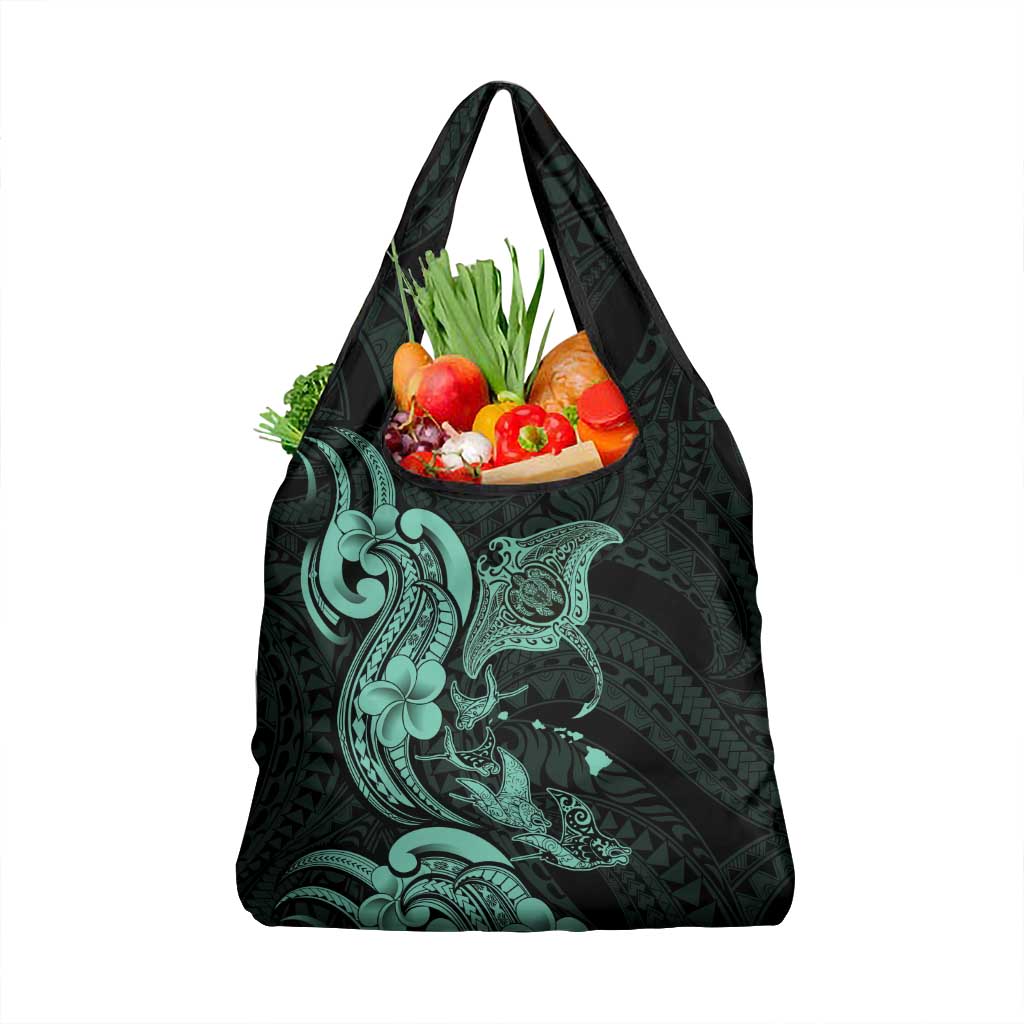 Hawaiian Manta Rays Grocery Bag Tribal Hibiscus Polynesian Tattoos Turquoise Color - Polynesian Pride