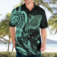Hawaiian Manta Rays Hawaiian Shirt Tribal Hibiscus Polynesian Tattoos Turquoise Color - Polynesian Pride