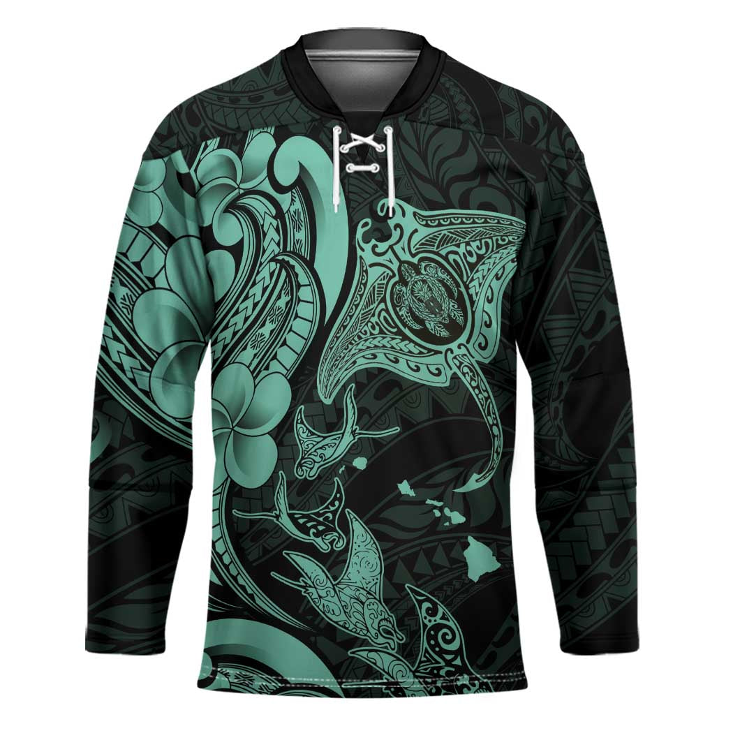 Hawaiian Manta Rays Hockey Jersey Tribal Hibiscus Polynesian Tattoos Turquoise Color LT03 Unisex Turquoise - Polynesian Pride